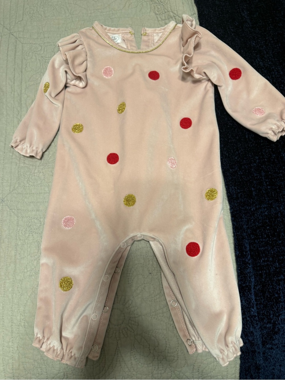 Mud Pie Pink Velvet Polka-Dot Footie with Ruffle Shoulders